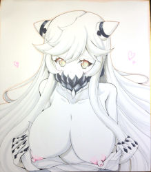 Rule 34 | 10s, 1girl, abyssal ship, bare shoulders, black nails, blush, breasts, collarbone, colored skin, covered mouth, dress, heart, horns, kantai collection, large breasts, leaning, leaning forward, long hair, midway princess, nail polish, nipples, no bra, shikishi, shiwo, simple background, sleeveless, sleeveless dress, solo, swept bangs, traditional media, undressing, upper body, very long hair, white background, white dress, white skin, yellow eyes