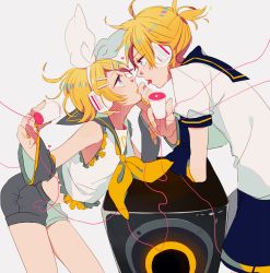 Rule 34 | 1boy, 1girl, blonde hair, blue eyes, bow, brother and sister, detached sleeves, eyelashes, face-to-face, hair bow, hair ornament, hairclip, headphones, hetero, highres, incest, kagamine len, kagamine rin, looking at another, makoji (yomogi), nail polish, sailor collar, short hair, shorts, siblings, speaker, string phone, tongue, tongue out, twincest, twins, vocaloid, wire