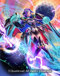 Rule 34 | 1girl, armor, armored boots, boots, cardfight!! vanguard, company name, electricity, gloves, long hair, magic circle, mechanical wings, official art, red eyes, side ponytail, solo, teeth, wings, witch queen of iniquity jeliddo, yuukoo