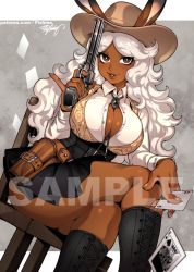Rule 34 | 1girl, animal ears, artist name, black footwear, black skirt, blush, boots, breasts, brown eyes, card, cleavage, collar, commentary, cowboy hat, crossed legs, curly hair, dark skin, english commentary, fingernails, fishine, grey background, gun, handgun, hat, highres, holding, holding gun, holding weapon, holster, knee boots, large breasts, legs, lips, long hair, looking at viewer, original, parted bangs, parted lips, playing card, rabbit ears, revolver, sample watermark, shirt, signature, simple background, sitting, skirt, smile, solo, watermark, weapon, white hair