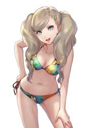 Rule 34 | 1girl, :d, absurdres, aqua bikini, bikini, blonde hair, blue eyes, breasts, collarbone, earrings, hair ornament, hairclip, hand on own hip, highres, jewelry, leaning forward, long hair, looking at viewer, medium breasts, navel, open mouth, persona, persona 5, siblings, simple background, smile, solo, stomach, stud earrings, swimsuit, takamaki anne, twins, twintails, white background, xesxus