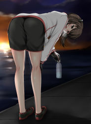 Rule 34 | 10s, 1girl, ass, bad id, bad pixiv id, bent over, black footwear, black shorts, blush, bottle, breath, brown eyes, brown hair, cloud, from behind, from side, gloves, hand on own knee, highres, holding, holding bottle, jacket, kantai collection, kneepits, looking back, open mouth, outdoors, shoes, shorts, sky, solo, standing, sun, sunrise, sweat, taihou (kancolle), water, water bottle, white jacket, z5987