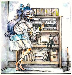 Rule 34 | 1girl, american psycho, axe, bangle, barefoot, blue eyes, blue hair, blue skirt, book, bookshelf, bow, bowl, box, bracelet, commentary request, commission, debt, full body, hair bow, highres, hood, hoodie, indoors, jewelry, long hair, looking at viewer, meme, morisshii (morishiey), open mouth, pixiv commission, ponytail, raincoat, see-through, see-through coat, short sleeves, skirt, smile, solo, sound system, stuffed animal, stuffed cat, stuffed toy, textless version, touhou, yorigami shion