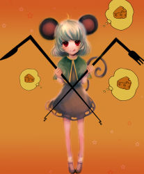 Rule 34 | 1girl, :d, :q, animal ears, bad id, bad pixiv id, cheese, female focus, food, full body, gradient background, grey hair, mouse ears, mouse tail, nazrin, open mouth, red eyes, short hair, smile, solo, standing, tail, tongue, tongue out, touhou, yokoyari mengo