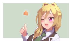Rule 34 | 1girl, ;d, afterimage, assault lily, black vest, blonde hair, blush, border, breasts, collared shirt, commentary request, green background, green necktie, hair between eyes, hair intakes, hair over shoulder, hand up, highres, large breasts, long hair, long sleeves, looking at viewer, necktie, one eye closed, open mouth, outside border, pink eyes, plectrum, portrait, school uniform, shirt, simple background, smile, solo, tejima komachi, ueharu, vest, white border, white shirt