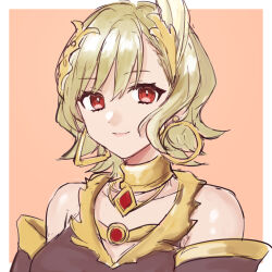 Rule 34 | 1girl, bare shoulders, blonde hair, border, citrinne (fire emblem), commentary request, dress, earrings, fire emblem, fire emblem engage, grey dress, hazuki (nyorosuke), highres, hoop earrings, jewelry, looking at viewer, nintendo, outside border, pink background, red eyes, short hair, simple background, solo, upper body, white border