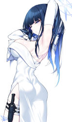 Rule 34 | 1girl, absurdres, armpits, arms behind head, arms up, ass, bare shoulders, black hair, blue archive, blue eyes, blue hair, blush, breasts, combat knife, dress, elbow gloves, gloves, gradient hair, halo, highres, knife, knife sheath, large breasts, long hair, looking at viewer, looking back, multicolored hair, saori (blue archive), saori (dress) (blue archive), sheath, solo, thighs, watosu, weapon, white dress, white gloves