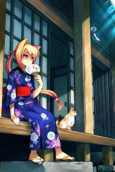Rule 34 | 1girl, animal, animal ears, architecture, blonde hair, cat, cat ears, east asian architecture, hand fan, floral print, gimei, hair ornament, house, japanese clothes, long hair, obi, original, paper fan, ponytail, red eyes, sandals, sash, sitting, solo, uchiwa, wind chime