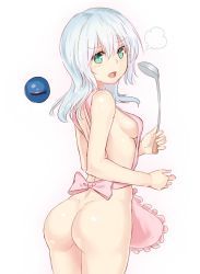 Rule 34 | 1girl, puff of air, apron, ass, bad id, bad pixiv id, blush, breasts, eyeball, frilled apron, frills, green eyes, hair between eyes, holding, komeiji koishi, ladle, long hair, looking at viewer, looking back, medium breasts, naked apron, no headwear, open mouth, pink apron, revision, sideboob, silver hair, simple background, sketch, solo, touhou, white background, yonaga (masa07240)