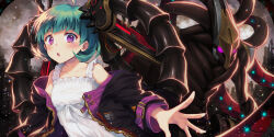 Rule 34 | 1girl, 1other, absurdres, ahoge, bare shoulders, belt, belt buckle, black coat, black sleeves, buckle, character request, cityscape, coat, collarbone, cuffed, dress, dress ribbon, final gear, frilled dress, frilled straps, frills, full body, game cg, gold buckle, green hair, grey sky, highres, light particles, long sleeves, looking at viewer, mecha, mecha musume, mechanical parts, nia (final gear), official art, purple belt, purple eyes, ribbon, robot, short hair, simple background, single ankle cuff, sky, sleeve belt, sundress, two-sided coat, two-sided fabric, white dress, white ribbon