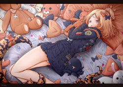 Rule 34 | 1girl, abigail williams (fate), abigail williams (traveling outfit) (fate), bandaid, bandaid on face, bandaid on forehead, bed, bed sheet, black dress, blue eyes, bow, dress, fate/grand order, fate (series), forehead, from above, from side, hair bow, heroic spirit traveling outfit, highres, light brown hair, long hair, long sleeves, looking at viewer, looking up, lying, mokamocha, multiple hair bows, official alternate costume, on stomach, parted lips, pillow, sidelocks, sleeves past wrists, solo, stuffed animal, stuffed rabbit, stuffed squid, stuffed toy, teddy bear, triangle mouth, wide sleeves