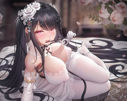 Rule 34 | 1girl, azur lane, black hair, breasts, bridal gauntlets, covered erect nipples, curvy, dress, drooling, elbow gloves, flower, gloves, hair flower, hair ornament, large breasts, licking, long hair, looking at viewer, lying, naughty face, official alternate costume, on side, pantyhose, peter strasser (azur lane), red eyes, rhasta, saliva, skin tight, skindentation, solo, thighs, tongue, tongue out, twintails, very long hair, wedding dress, white gloves, white pantyhose