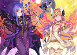 Rule 34 | 2girls, armlet, aunt and niece, black gloves, blue eyes, blue hair, breasts, breasts apart, cape, medea (fate), circe (fate), circlet, commentary request, dress, fate/grand order, fate (series), gloves, head wings, holding, holding staff, komainu (yamaha1997), long dress, long hair, looking at viewer, medium breasts, multiple girls, pink hair, pixiv fate/grand order contest 2, pointy ears, purple dress, purple eyes, skirt, sleeveless, small breasts, smile, staff, white skirt, wings