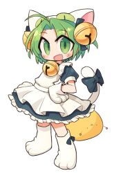 1girl :d ahoge animal_ears animal_hat apron bell blue_bow blue_dress blue_ribbon blush bow cat_ears cat_girl cat_hat cat_tail commentary_request dejiko di_gi_charat dress fang footwear_ribbon frilled_apron frills full_body gema gloves green_eyes green_hair hair_bell hair_ornament hair_ribbon hand_on_own_hip hat highres jingle_bell looking_at_viewer nanatsuta neck_bell open_mouth parted_bangs paw_shoes petticoat puffy_short_sleeves puffy_sleeves ribbon short_hair short_sleeves simple_background smile solo standing tail tail_bow tail_ornament white_apron white_background white_footwear white_gloves white_hat white_tail