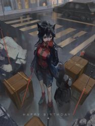 Rule 34 | 1boy, 1girl, animal ear fluff, animal ears, arknights, belt, bird, black hair, cigarette, city, clay (clayjun), coat, crate, crosswalk, from above, gloves, green neckwear, hair between eyes, happy birthday, hat, highres, holding, holding sword, holding weapon, jacket, off shoulder, official alternate costume, open clothes, open coat, penguin, planted, planted sword, planted weapon, red gloves, red shirt, shirt, shorts, smoking, socks, standing, striped clothes, striped legwear, striped shorts, striped socks, sword, texas (arknights), texas (willpower) (arknights), texas (winter messenger) (arknights), emperor (arknights), top hat, weapon, wolf ears