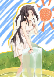 Rule 34 | 1girl, arm support, bad id, bad nicoseiga id, black hair, bracelet, brown eyes, cccpo, doodle, dress, female focus, food, ice, jewelry, long hair, looking at viewer, nature, original, outdoors, plant, popsicle, short twintails, sky, solo, standing, sun, sundress, twintails, two side up, wading, wading pool