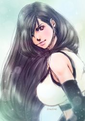 Rule 34 | 1girl, absurdres, bare shoulders, black hair, breasts, crop top, detached sleeves, earrings, final fantasy, final fantasy vii, final fantasy vii remake, hair over one eye, highres, jewelry, large breasts, lips, long hair, looking at viewer, solo, square enix, tank top, tifa lockhart, tomtom, upper body, white tank top