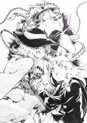 Rule 34 | 3girls, animal ears, aozora taf, artist name, blazer, bow, rabbit ears, buttons, closed mouth, commentary request, finger gun, frills, greyscale, hand up, hat, hat bow, hat ribbon, highres, jacket, komeiji koishi, long hair, long sleeves, looking at viewer, miniskirt, monochrome, multiple girls, nagae iku, one-hour drawing challenge, one eye closed, open mouth, reisen udongein inaba, ribbon, shawl, simple background, skirt, smile, third eye, touhou, traditional media