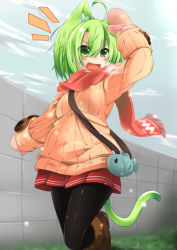 Rule 34 | &gt;:d, 1girl, :d, ahoge, animal ears, black pantyhose, blush, cat ears, cat tail, dodome-iro mayonnaise, fang, green eyes, green hair, matching hair/eyes, mittens, open mouth, original, pantyhose, scarf, sharon (dodomayo), short hair, skirt, smile, solo, tail, v-shaped eyebrows