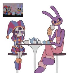 Rule 34 | 1boy, 1girl, :c, animal ears, barefoot, black eyes, blue eyes, cake, cake slice, colored sclera, commentary request, crossed legs, cup, doll, food, hat, heterochromia, highres, holding, holding cup, jax (the amazing digital circus), jester, jester cap, on chair, overalls, pale skin, photo-referenced, pomni (the amazing digital circus), rabbit, rabbit ears, red eyes, sitting, skn 1027, teacup, teapot, the amazing digital circus, yellow sclera