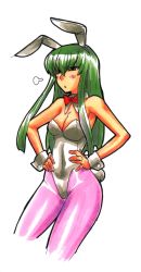 Rule 34 | 00s, 1girl, animal ears, bare shoulders, blush stickers, bow, bowtie, breasts, c.c., cleavage, code geass, curvy, detached collar, fake animal ears, fake tail, female focus, green hair, hands on own hips, high heels, highleg, highleg leotard, highres, kikuta, leotard, long hair, looking at viewer, looking away, looking to the side, marker (medium), medium breasts, pantyhose, pink pantyhose, playboy bunny, rabbit ears, rabbit tail, red bow, red bowtie, shiny clothes, short hair, sideboob, simple background, solo, strapless, strapless leotard, sweat, tail, thong leotard, traditional media, upper body, white leotard, wrist cuffs