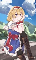 Rule 34 | 1girl, absurdres, alice margatroid, black pantyhose, blue dress, blue eyes, blue sky, brown footwear, capelet, closed mouth, cloud, cross-laced footwear, dress, hairband, highres, lolita hairband, looking at viewer, mountain, orchid (orukido), outdoors, pantyhose, red hairband, sitting, sky, smile, solo, touhou, white capelet, wrist cuffs