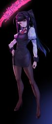 Rule 34 | 1girl, absurdres, ahoge, bartender, black pantyhose, black skirt, breasts, closed mouth, collared shirt, copyright name, full body, hand on own hip, high heels, highres, jill stingray, long hair, long sleeves, necktie, pantyhose, purple hair, red eyes, red necktie, shirt, skirt, solo, standing, twintails, va-11 hall-a, white shirt, yutoriro