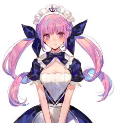 Rule 34 | 1girl, ahoge, anchor symbol, aqua hair, blue bow, blue bowtie, blue dress, blush, bow, bowtie, braid, breasts, chocoan, cleavage, closed mouth, colored inner hair, cowboy shot, dress, drill hair, french braid, hair bow, highres, hololive, long hair, looking at viewer, maid, maid headdress, medium breasts, minato aqua, minato aqua (1st costume), multicolored hair, pink eyes, pink hair, short sleeves, simple background, solo, streaked hair, sweatdrop, tray, twin drills, twintails, two-tone hair, virtual youtuber, wavy mouth, white background