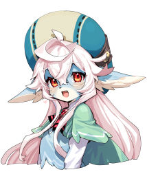 Rule 34 | ahoge, blush, brooch, capelet, cat girl, cropped torso, fang, furry, furry female, furry male, glasses, green capelet, hat, heart, highres, jewelry, looking at viewer, open mouth, original, red eyes, rimless eyewear, round eyewear, sidelocks, simple background, upper body, white background, white hair, yadayada