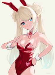 Rule 34 | 1girl, animal ears, bare shoulders, blonde hair, blue eyes, breasts, cf05 (girls&#039; frontline), cleavage, closed mouth, double bun, fake animal ears, girls&#039; frontline, hair bun, ingerdoll, leotard, long hair, looking at viewer, medium breasts, playboy bunny, rabbit ears, smile, solo, twitter username, upper body, white background