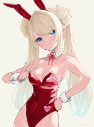 1girl animal_ears bare_shoulders blonde_hair blue_eyes breasts cf05_(girls&#039;_frontline) cleavage closed_mouth double_bun fake_animal_ears girls&#039;_frontline hair_bun ingerdoll leotard long_hair looking_at_viewer medium_breasts playboy_bunny rabbit_ears smile solo twitter_username upper_body white_background