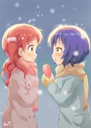 Rule 34 | 2girls, :o, aayh, blue coat, blue hair, blush, box, brown coat, brown gloves, brown scarf, coat, commentary request, fang, from side, gift, giving, gloves, gochuumon wa usagi desu ka?, hair between eyes, hair bobbles, hair ornament, heart-shaped box, highres, holding, holding gift, jouga maya, long hair, multiple girls, natsu megumi, nose blush, parted lips, pocket, pom pom (clothes), profile, red hair, scarf, signature, surprised, twintails, valentine, yellow eyes, yellow gloves, yellow scarf, yuri