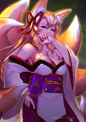 Rule 34 | 1girl, aged up, animal ear fluff, animal ears, artist name, bad id, bad pixiv id, bare shoulders, blonde hair, bodypaint, bow, breasts, cleavage, commentary, covered mouth, cowboy shot, folded fan, folding fan, fox ears, fox tail, glowing, green eyes, hair between eyes, hair bow, hair ornament, hair ribbon, hand fan, hand on own hip, highres, holding, holding fan, japanese clothes, large breasts, long hair, looking at viewer, mon-musu quest!, multiple tails, nail polish, obi, red nails, ribbon, sash, sidelocks, slit pupils, snortzog, solo, spoilers, star (sky), tail, tamamo (mon-musu quest!), tassel, tattoo, wide sleeves