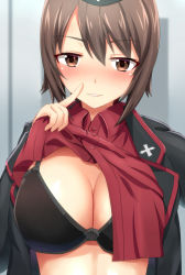 Rule 34 | 10s, 1girl, black bow, black bra, blush, bow, bow bra, bra, breasts, brown eyes, brown hair, cleavage, clothes lift, collared shirt, cross print, dress shirt, eyebrows, finger to mouth, girls und panzer, hat, homewrecker, jacket, large breasts, lifting own clothes, long sleeves, military, military uniform, nishizumi maho, red shirt, selfie, shirt, shirt lift, short hair, shushing, smile, solo, underwear, uniform, upper body