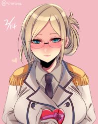 Rule 34 | 10s, 1girl, alternate eye color, blue eyes, bow, breasts, candy, chocolate, chocolate heart, epaulettes, folded ponytail, food, glasses, gloves, heart, kantai collection, katori (kancolle), large breasts, light brown hair, lips, long sleeves, military, military uniform, necktie, pink background, shisei (kyuushoku banchou), short hair, simple background, smile, solo, twitter username, uniform, valentine, white gloves
