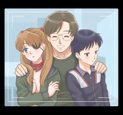 Rule 34 | 1girl, 2boys, age difference, aida kensuke, black hair, blue eyes, blush, breasts, brown hair, cleavage, crossed arms, embarrassed, evangelion: 3.0+1.0 thrice upon a time, eyepatch, friends, frown, glasses, grin, hair ornament, hairclip, hand on another&#039;s shoulder, happy, hood, hooded jacket, ikari shinji, jacket, long hair, masago ksb, medium breasts, multiple boys, neon genesis evangelion, no bra, photo (object), rebuild of evangelion, scarf, smile, souryuu asuka langley, standing, track suit