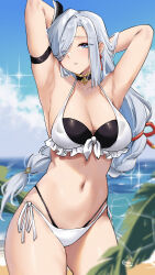 Rule 34 | 1girl, absurdres, arm strap, armpits, arms behind head, arms up, bare arms, bare shoulders, beach, bikini, black choker, blue eyes, blue sky, breasts, choker, cloud, commentary, cowboy shot, day, double bikini, genshin impact, grey hair, highres, large breasts, lens flare, long hair, looking at viewer, navel, ocean, parted lips, pinnn, shenhe (genshin impact), side-tie bikini bottom, sky, solo, sparkle, standing, stomach, swimsuit, thighs, very long hair, water, white bikini
