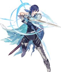 Rule 34 | 1boy, armor, blue eyes, blue hair, cape, chrom (fire emblem), ebira, falchion (fire emblem), fire emblem, fire emblem awakening, fire emblem heroes, full body, gloves, highres, male focus, nintendo, official art, open mouth, short hair, solo, sword, transparent background, weapon