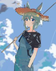 Rule 34 | 1girl, absurdres, alternate costume, animal ears, aqua hair, black shirt, blouse, blue eyes, closed mouth, cloud, ears through headwear, fishing rod, flower, hair between eyes, hair flower, hair ornament, hand in own hair, hat, highres, holding, holding fishing rod, horse ears, horse girl, kurobeko (kur0bek0), looking at viewer, off shoulder, outdoors, overalls, seiun sky (umamusume), shirt, short hair, short sleeves, sky, solo, straw hat, umamusume, yellow flower