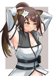 Rule 34 | 1girl, absurdres, alternate hairstyle, animal ears, arknights, armpits, arms up, bare shoulders, breasts, brown hair, cleavage, commentary request, detached sleeves, flower, folinic (arknights), folinic (lasting arrowroot) (arknights), hair flower, hair ornament, highres, k@bu, long hair, medium breasts, mongoose ears, navel, official alternate costume, ponytail, solo, upper body, white flower, yellow eyes