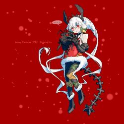 Rule 34 | ..., 1girl, 2023, abyssal ship, bell, black footwear, black hoodie, boots, christmas, dress, fast light carrier water demon, fur-trimmed dress, fur trim, hair bell, hair between eyes, hair ornament, highres, holding, hood, hoodie, horns, kantai collection, long hair, merry christmas, oso (toolate), red background, red dress, red hair, simple background, sleeveless, sleeveless dress, solo, spoken ellipsis, sweat, very long hair, white hair