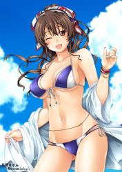 Rule 34 | 1girl, artist name, ashigara (kancolle), bikini, blue sky, bracelet, breasts, brown eyes, brown hair, cloud, collarbone, cowboy shot, day, fang, front-tie bikini top, front-tie top, hairband, high ponytail, highres, ishihara masumi, jewelry, kantai collection, large breasts, long hair, looking at viewer, nail polish, navel, one eye closed, open mouth, ponytail, purple bikini, side-tie bikini bottom, sky, smile, solo, swimsuit, twitter username, wavy hair