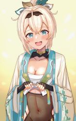 Rule 34 | 1girl, :d, absurdres, black gloves, blonde hair, blue eyes, blush, breasts, chest sarashi, cleavage, clothes lift, clothing cutout, collarbone, commentary request, covered navel, cowboy shot, fingerless gloves, gloves, groin, hair between eyes, hair ribbon, hairband, haori, highres, hololive, japanese clothes, kazama iroha, kimono, kimono lift, leotard, leotard under clothes, looking at viewer, nootomo, open mouth, ponytail, print kimono, ribbon, sarashi, side cutout, sidelocks, small breasts, smile, solo, standing, teeth, upper teeth only, virtual youtuber, white kimono, wide sleeves