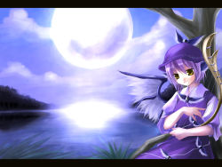 Rule 34 | 1girl, animal ears, asahina, dress, female focus, full moon, grass, harp, hat, highres, instrument, lake, letterboxed, moon, moonlight, mystia lorelei, open mouth, purple hair, reflection, short hair, solo, touhou, tree, wings, yellow eyes