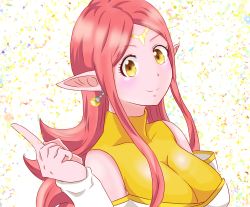Rule 34 | 1girl, artist request, bare shoulders, blush, breasts, chronoa, colored skin, dragon ball, dragon ball heroes, earrings, highres, jewelry, large breasts, long hair, looking at viewer, orange hair, pink skin, pointy ears, potara earrings, shiny clothes, shiny skin, smile, solo, supreme kai of time, upper body, yellow eyes