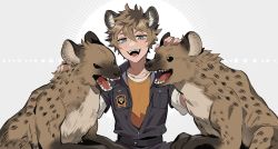 Rule 34 | 1boy, :d, animal, animal ears, belt, black belt, black jacket, blue eyes, brown hair, collarbone, commentary request, fangs, grey background, hair between eyes, hands up, highres, hyena, hyena boy, hyena ears, jacket, lion print, long sleeves, looking at viewer, male focus, ming (5unri5e666), open mouth, orange shirt, pants, ruggie bucchi, shirt, short hair, sitting, smile, solo, star (symbol), star print, tongue, twisted wonderland, upper body, white background