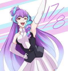 Rule 34 | 1girl, blue hair, breasts, commentary, drill hair, elbow gloves, english commentary, gloves, hair bun, hand on own hip, hand up, happy birthday, highres, looking down, lord jaywalk, macross, macross delta, medium breasts, mikumo guynemer, multicolored hair, open mouth, purple hair, red eyes, single hair bun, skirt, smile, solo, white gloves, white skirt