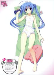 Rule 34 | 1girl, :o, absurdres, antenna hair, barefoot, blue eyes, blue hair, clothes, commentary, feet, highres, kickboard, lying, matching hair/eyes, one-piece swimsuit, r g b, scan, school swimsuit, shiki ai, short twintails, simple background, solo, suzuhira hiro, swimsuit, toes, towel, translation request, twintails, white background, white one-piece swimsuit, white school swimsuit