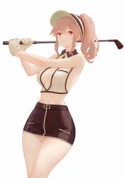 Rule 34 | 1girl, azur lane, bare shoulders, black shorts, breasts, brown hair, cleavage cutout, clemenceau (azur lane), clemenceau (splendid breeze) (azur lane), clothing cutout, collared shirt, commentary, cowboy shot, crescent, crescent earrings, earrings, gloves, golf club, herfstijl, highres, holding, holding golf club, jewelry, long hair, looking ahead, medium breasts, midriff, official alternate costume, parted lips, ponytail, red eyes, shirt, shorts, sidelocks, simple background, sleeveless, sleeveless shirt, solo, standing, white background, white gloves, yellow shirt