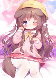 Rule 34 | 1girl, animal ears, arms up, azur lane, blue eyes, blush, braid, brown hair, child, clenched hands, commentary request, commission, commissioner upload, crescent, crescent hair ornament, dog ears, dog girl, dog tail, fumizuki (azur lane), hair ornament, hairclip, hat, highres, kindergarten uniform, long hair, momozu komamochi, one eye closed, pantyhose, paw pose, pink shirt, pink skirt, pixiv commission, ribbon, school hat, school uniform, serafuku, shirt, sitting, skirt, solo, tail, white pantyhose, yellow hat